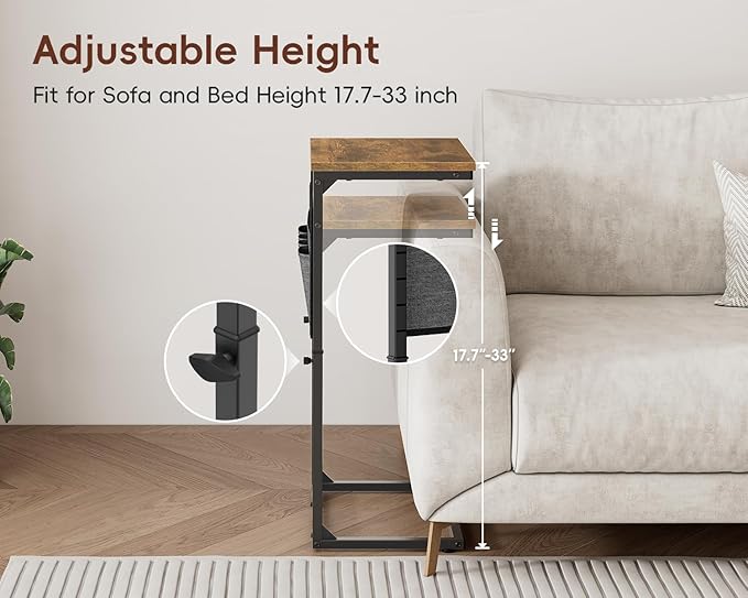 Vagusicc C Shaped End Table with Charging Station, 33" Tall Side Table for Couch, Sofa Table Adjustable Height Side Table C Table, Slide Under Couch Table TV Tray Table for Living Room, Bedroom, Brown