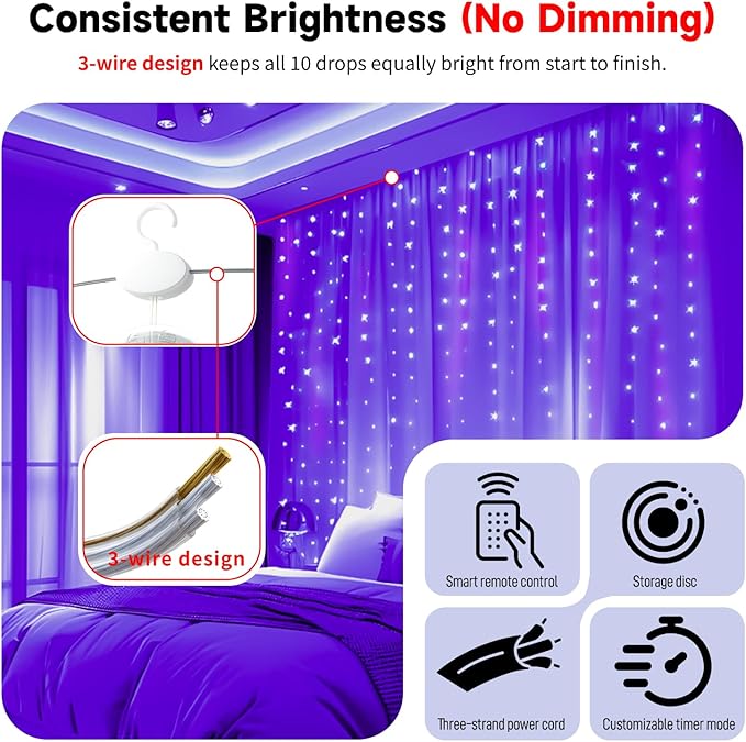 HXWEIYE 300LED Untangled Curtain Lights, 9.8x9.8Ft USB Fairy Twinkle String Lights with Remote and DIY Timer, 8 Modes Window Wall Hanging Light for Bedroom Dorm Backdrop Room Decor, Purple