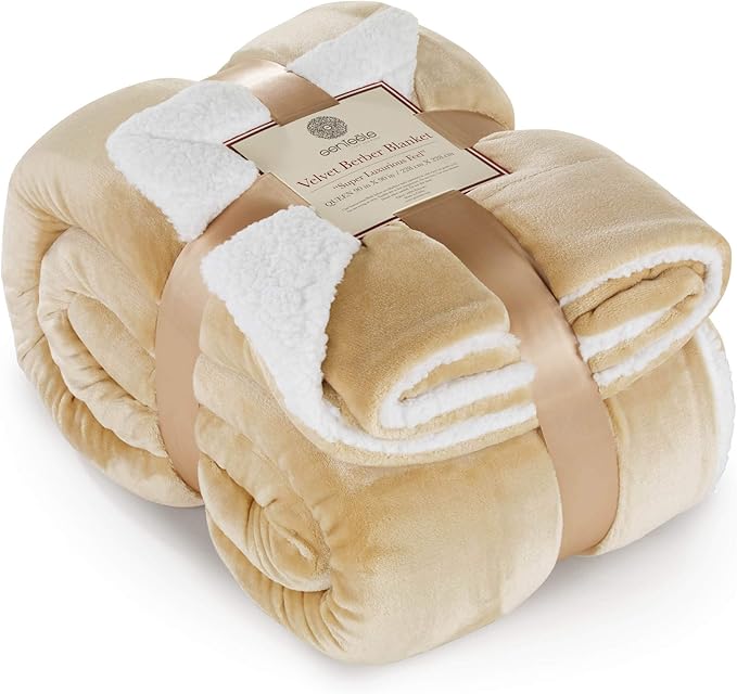 Genteele Sherpa Throw Blanket Super Soft Reversible Ultra Luxurious Plush Blanket, 90 x 90 inches, Camel/White