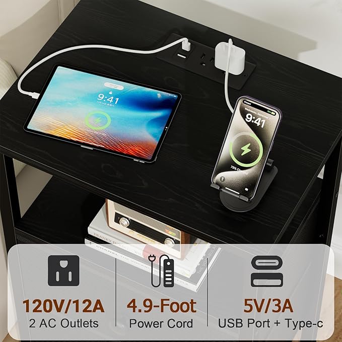 Night Stand with Charging Station, Small Bedside Table with 2 Fabric Drawers, Nightstand with USB Ports & Outlets for Bedroom, Living Room, Black, HETS020BK-1