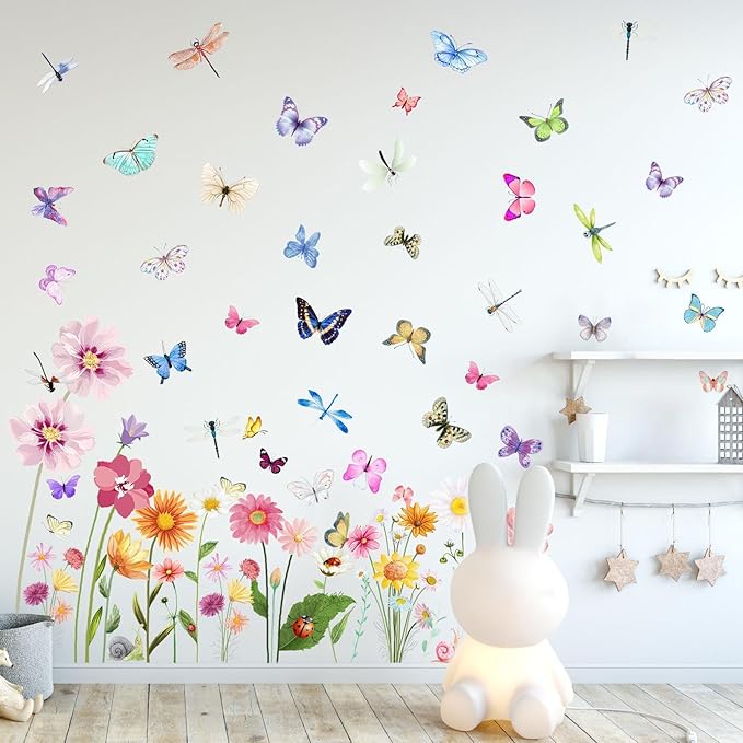 80 Pieces Flowers Butterflies Wall Decals Chrysanthemums Dragonflies Wall Sticker Flowers Peel and Stick Art Removable PVC Garden Decal for Kids Room Nursery Classroom Bedroom Decor, Colorful