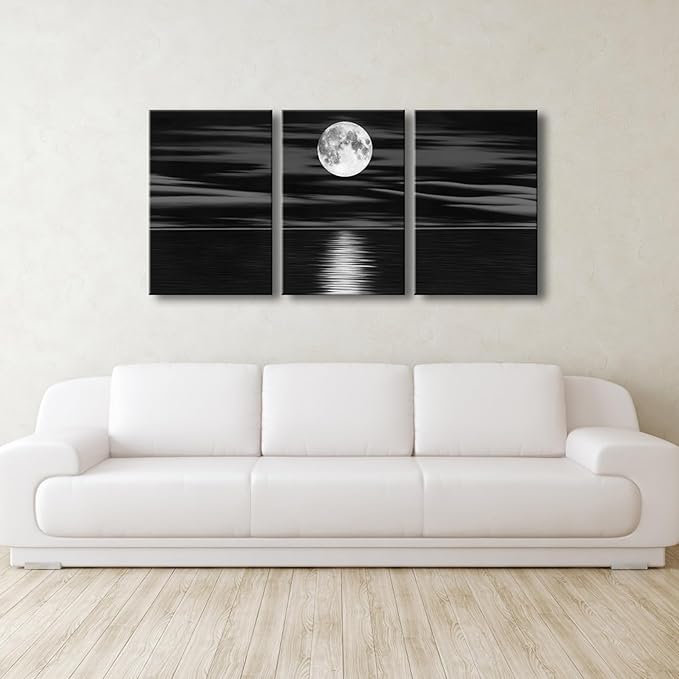 Wieco Art 3 Panel Sea White Full Moon in Night Canvas Print Wall Art Black and White Ocean Beach for Living Room Bedroom Kitchen Home Decorations Modern Abstract Artwork