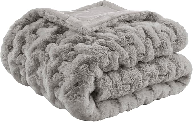 Madison Park Ruched Fur Luxury Throw Premium Soft Cozy Brushed Long Faux Fur For Bed, Couch or Sofa , 50x60" , Grey