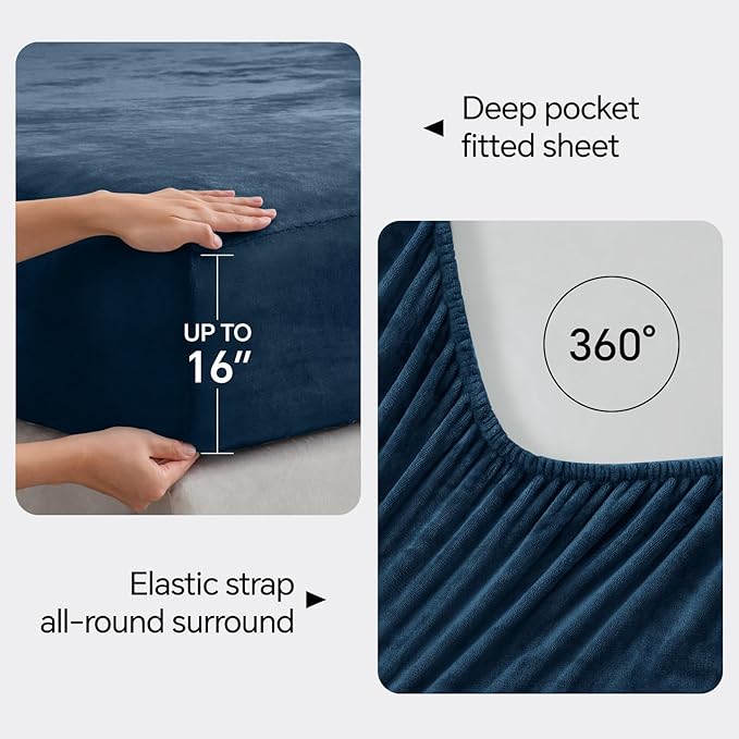 BEDELITE Flannel Sheets King Size Navy - Super Soft Fleece Sheets Set Fluffy Extra Plush, 4 Piece(Include Fitted Sheet, Flat Sheet, 2 Pillowcases)