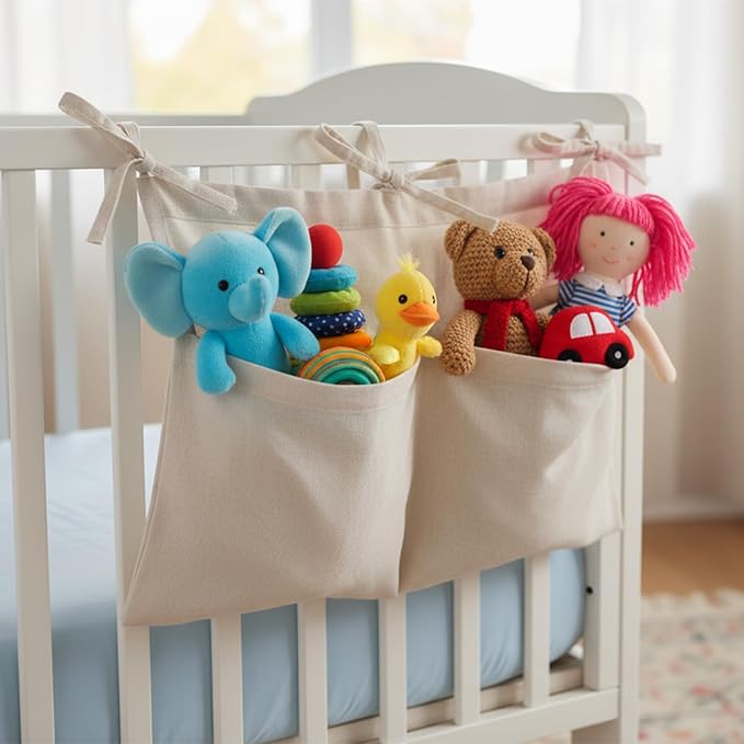 Linen Baby Bedside Hanging Storage Bag, Oatmeal 2 Pockets Milk Bottle Bib-Storage Crib Organizer Nursery Baby Nappy-Bag for Cribs Toys