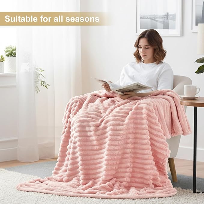 decorUhome Valentines Soft Fleece Pink Throw Blanket for Couch, Cozy Fluffy Plush Flannel Striped Blanket for Sofa Bed, Lightweight Decorative Ribbed Fuzzy Blanket for Woman, 50x60 Inches