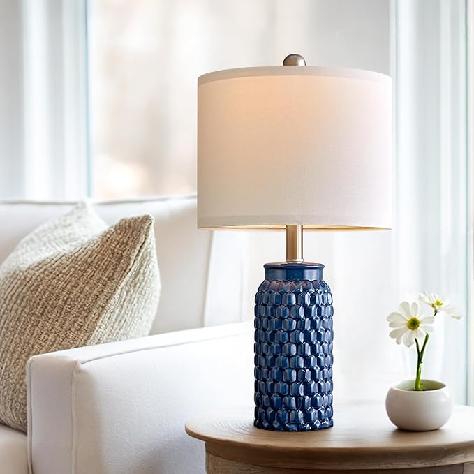 20.5" Small Bedside Lamps Set of 2 with 5FT Cord, Blue Ceramic Modern Farmhouse Table Lamps for Nightstand, Living Room, Bedroom, 3D Honeycomb Stylish End Table Lamps(Bulb Not Included)