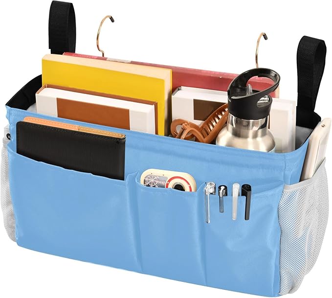 Lake Blue Bedside Caddy Storage Bag Bedside Organizer for Dorm Room Top Bunk Bed Bedside Shelf Hanging Organizer 6 Pockets with Hooks for Glasses Book Tablet Holder