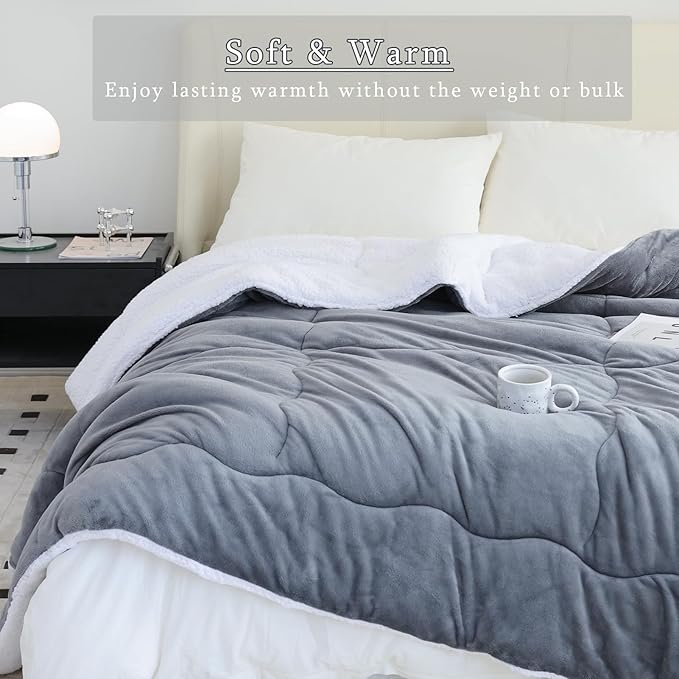 CHOSHOME Sherpa Fleece Blanket- Thick Warm Blanket for Winter, Soft Fuzzy Plush Blanket for Bed, Couch, Travel (Grey, Twin 60" x 80", Thickened Type)