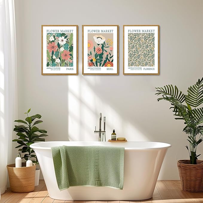 Wodkwq 3 Piece Green Flower Marker Canvas Wall Art Framed,Matisse Flowers Wall decor,Abstrsct Floral Poster,Vintage Minimalist Flowers Painting For Living Room,Bedroom,Office 16x24in
