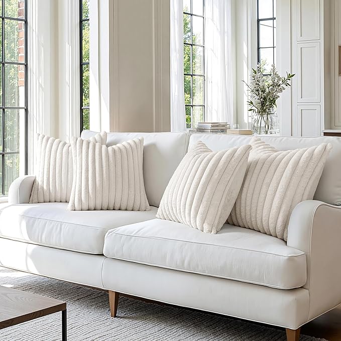 MIULEE Faux Fur Plush Decorative Throw Pillow Covers 18x18 Set of 4, Spring Modern Soft Fuzzy Striped Cushion Covers for Spring Sofa Couch Bed Living Room Cozy Home Decor,Pure White