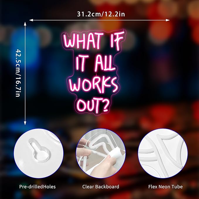 Neon Sign, What If It All Works Out Neon Signs for Wall Decor - Pink Motivational LED Light for Home, Office, Room - USB Powered Light Up Sign Decorations