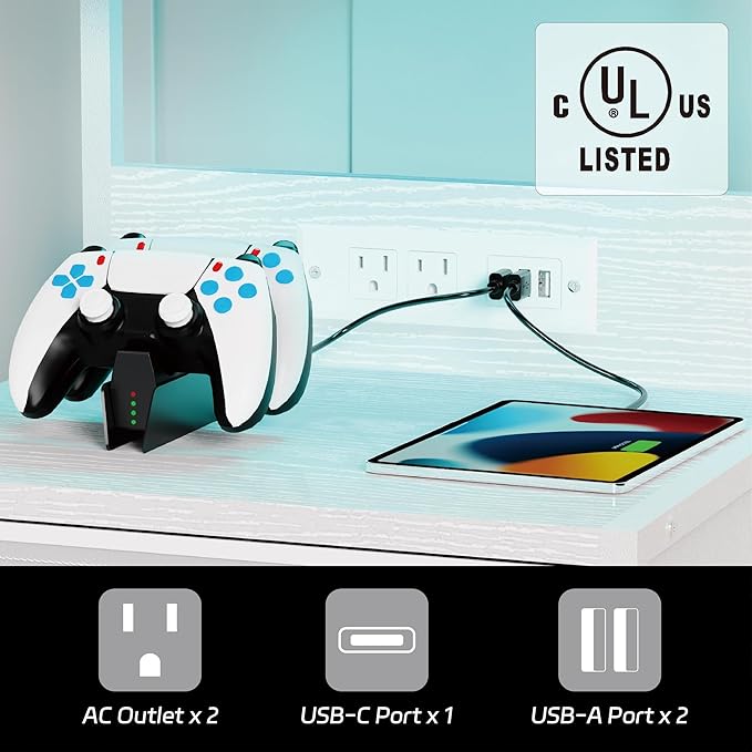 Night Stand with Charging Station Set of 2, LED Nightstand Bedside Table with USB Ports and Outlets, 3 Fabric Drawer End Side Table Dresser for Bedroom with Storage Shelf and 2 Hooks, White