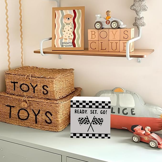 Lacama Race Car Boys Room Wooden Box Sign, Ready Set Go Race Car Decorations Wood Block Signs, Black and White Checkered Wood Sign for Boys Room Playroom Desk Shelf Wall Decor 5x5 Inches