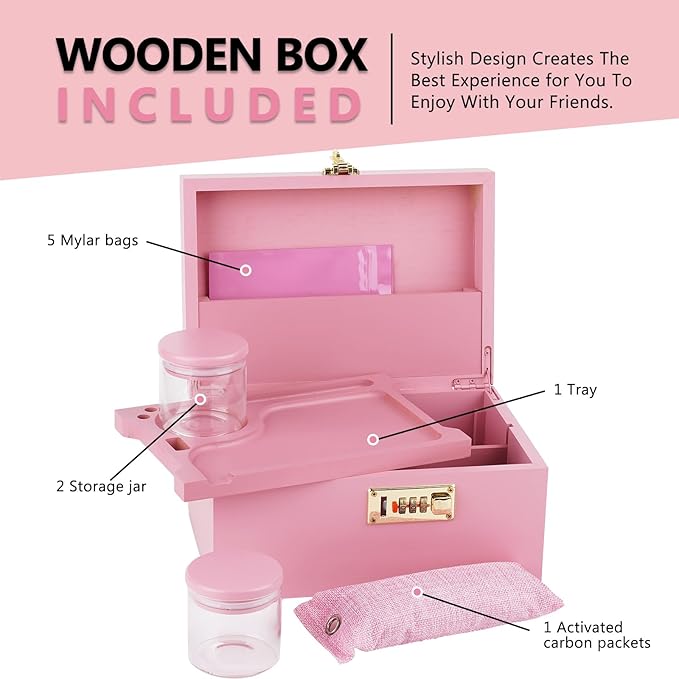 OZCHIN Large Bamboo Box with Combination Lock Decorative box for Home Great Gift Choice Storage Lockbox with Storage Jar, Gifts for Men Women (Pink, 10 x 6.9 x 5 inches)