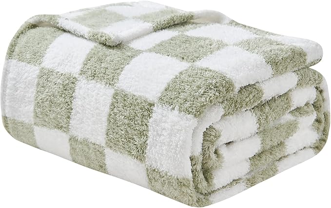 EMME Checkered Blanket Queen Size - 80"x90" Green Knit Blanket Soft Fluffy Patterned Throw Blankets for Couch, Sofa, Chair, Bed, Camping, Picnic, Travel