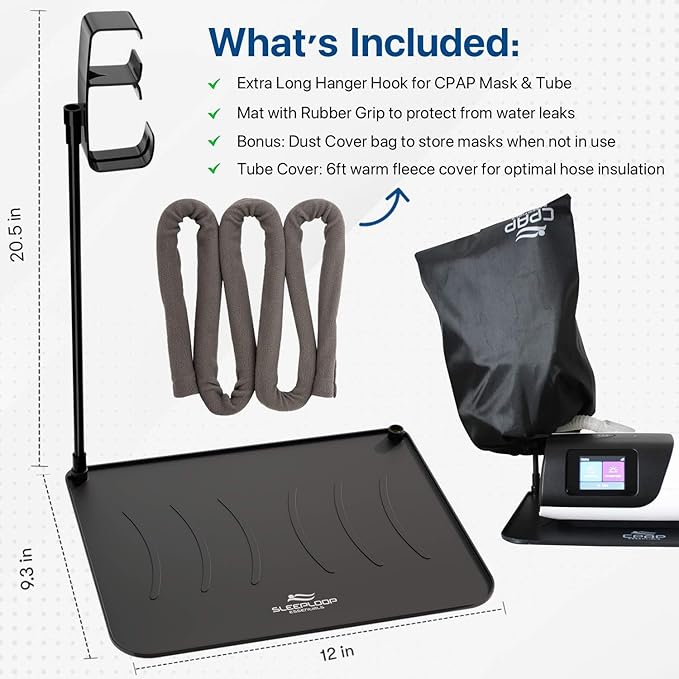 CPAP Protector Mat & CPAP Hose Holder – Insulate Hose Cover - Bedside CPAP Accessories Organizer with Hook for Mask & Tubing, Keeps Your Setup Neat, Tidy & Ready Every Night (Extra Tall)