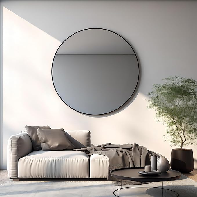 Growsun 42'' Large Round Mirror Bathroom Mirror for Wall, Metal Frame Round Mirror for Fireplace Living Room Wall Decor, Black Frame