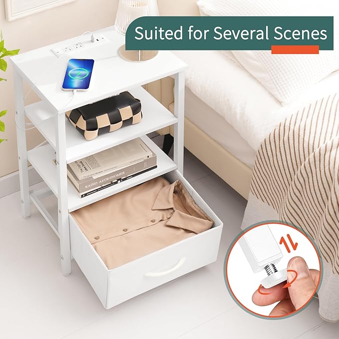 Yoobure White Night Stand with Charging Station, LED Nightstand for Bedroom, Bedside Tables with Adjustable Fabric Drawer, 3-Tier End Table Living Room, Small Side Table with Storage