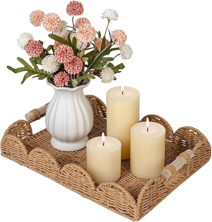 CubesLand Rectangle Scalloped Decorative Centerpiece Tray for Coffee Table, Home Decor, Living Room - Neutral Tray w/Wooden Handle – Warm and Elegant for Holidays, Housewarmings - Candle Plate Holder