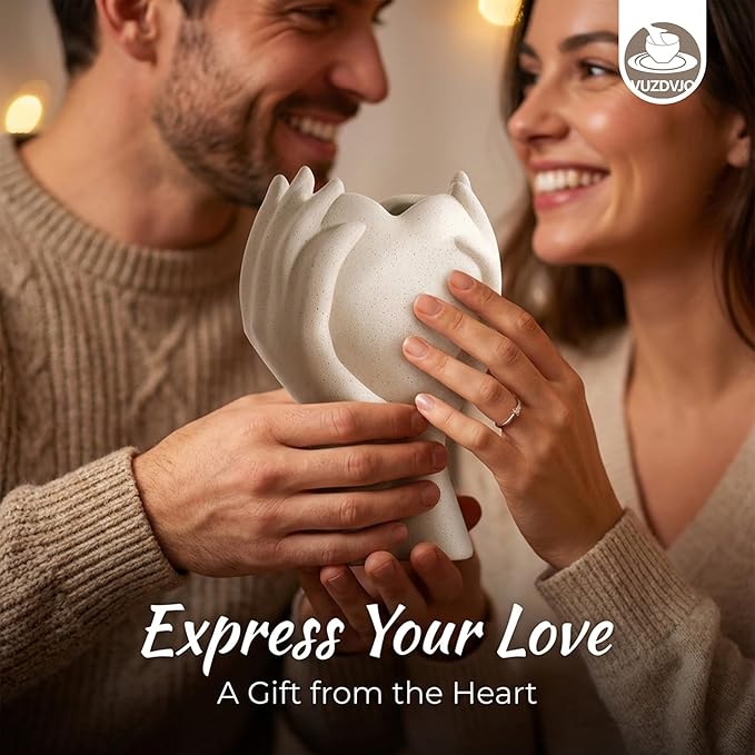 8 Inch Heart Hand White Ceramic Vase - Unique Modern Aesthetic Flowers Vase for Living Room Bedroom Office Kitchen Table Centerpiece or Shelf Decor (Cream White)