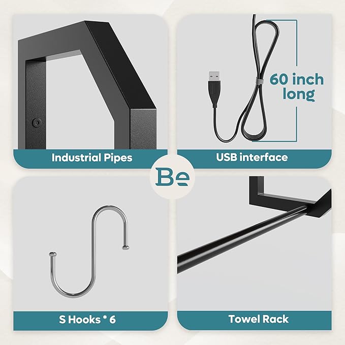 Bestier LED Kitchen Floating Shelves, 34" Industrial Pipe Shelves with Adjustable Glass Shelves, Wall Mounted Shelf with 6 S-Hook Towel Bar, Wine Coffee Bar Rack for Room Decor Rustic Brown