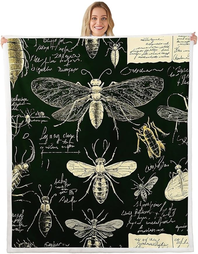 Biology Chalk Blackboard Blanket Throw Throw 50"x60" Insects Hand Written School Classroom Sherpa Blanket Dragonfly Beetle Moth Educational Theme Fuzzy Blanket For Kids Boys Girls Teens Bed Décor