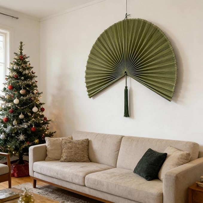 ChumDecor Fan Wall Decor, Japanese Giant Fan, Large Bamboo Fan Wall Art For Boho Hanging Headboard, Decorative Folding Fans For Over Bed, Asia Trending (Army Green 48inch)