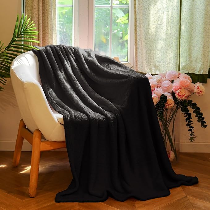 Plush Fleece Throw Blanket for Couch and Bed, Fluffy Fuzzy Cozy Queen-Size Soft Blankets All Season Use (60x80 Inches,Black)
