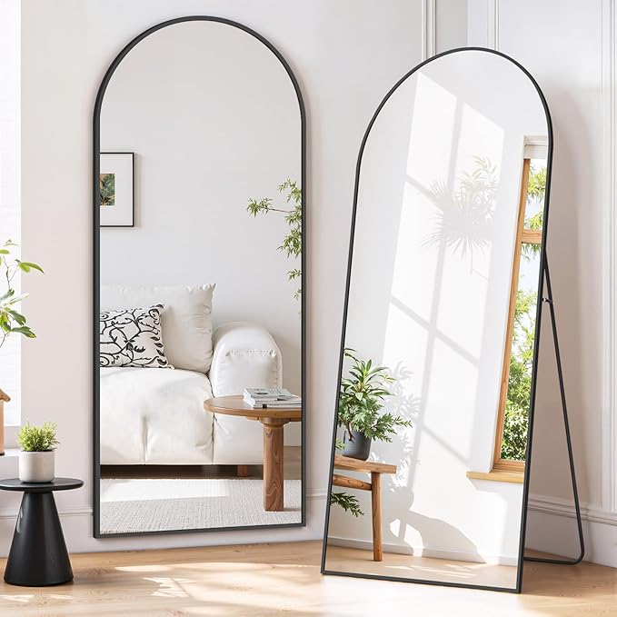 Full Length Mirror 56"x21" Full Body Mirror Arched Free Standing Wall Mounted Leaning Floor Mirrors with Stand Aluminum Alloy Frame for Bedroom Cloakroom, Black