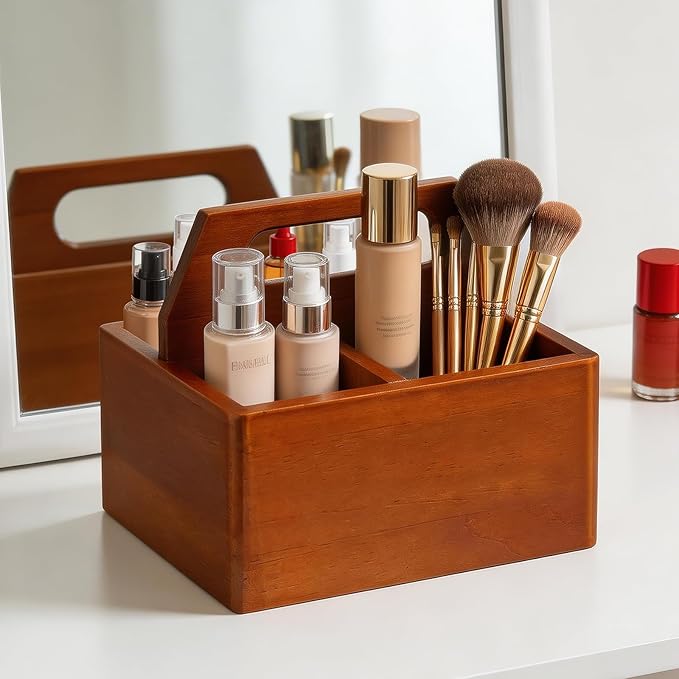 Acacia Wood Remote Control Holder with Handle, Desk Organizer with 3 Compartments, Wood TV Stand Decor, Easy Storage TV Remote Holder for Living Room, Bedside Caddy, Office Supplies