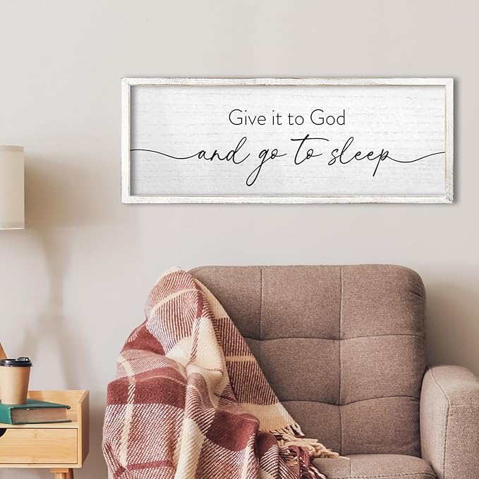 TQianJiang Give It To God And Go To Sleep Wall Decor Sign 24"X10" for Master Bedroom Above Bed Large Wood Framed Wall Art Hanging (White)