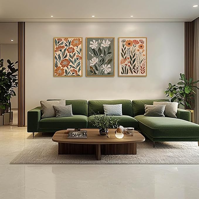 Wodkwq 3 Piece Flower Market Canvas Wall Art Framed,Boho Floral Wall Art,Abstract Botanical Wall Decor,Green Wildflower Modern Minimalist Paintings For Living Room Bedroom Bathroom 16x24in
