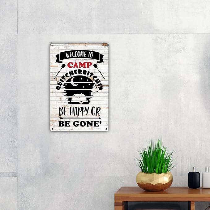 QIONGQI Funny Welcome to Camp Metal Tin Sign Wall Decor Farmhouse Rustic Camping Signs with Sayings for Home Camper Room Decor Gifts (Wooden Style)
