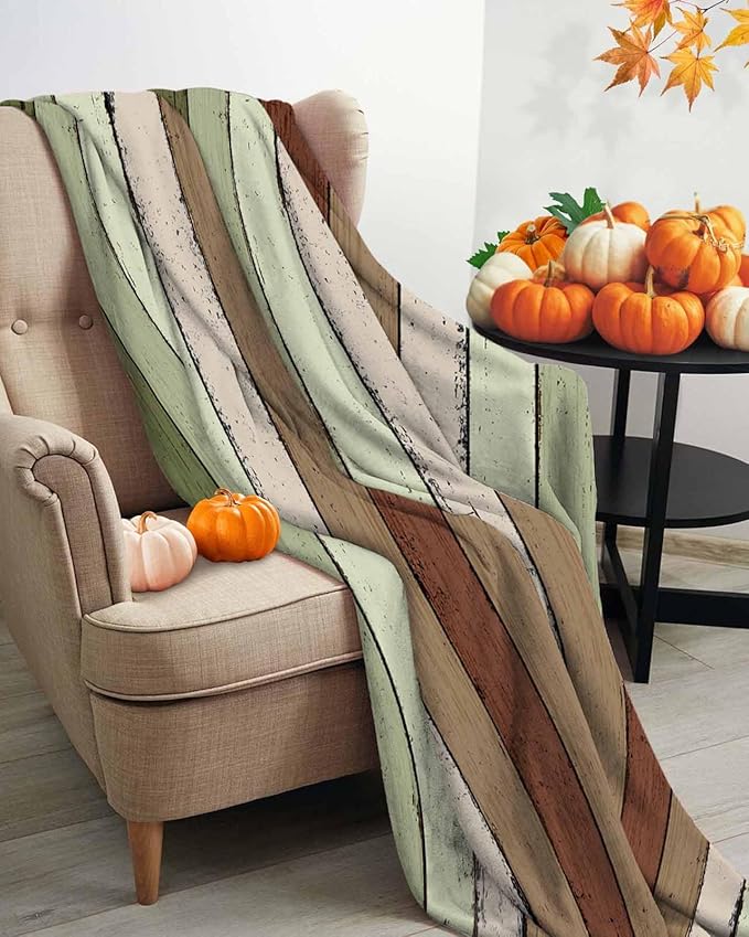 Farmhouse Sage Green Brown Throw Blanket, Soft Fluffy Fuzzy Blankets & Throws for Bed/Couch, Vintage Country Wooden Lightweight Warm Blankets for Women Christmas Decor 60"x80"