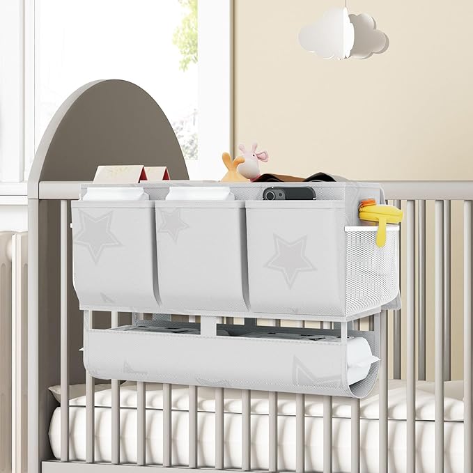 Bedside Caddy Bedside Organizer, Bed Storage Caddy with 7 Pockets, College Dorm Rooms Bag for Bunk, Home, Dorm, Hospital, Crib Bed (Grey)