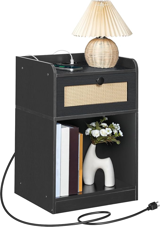 Nightstand, End Table with Charging Station, Side Table with Rattan-Style Drawer and Storage Shelf, Modern Sofa Table with 1 AC Outlet and 2 USB Ports, for Bedroom, Black MBZ01UBB