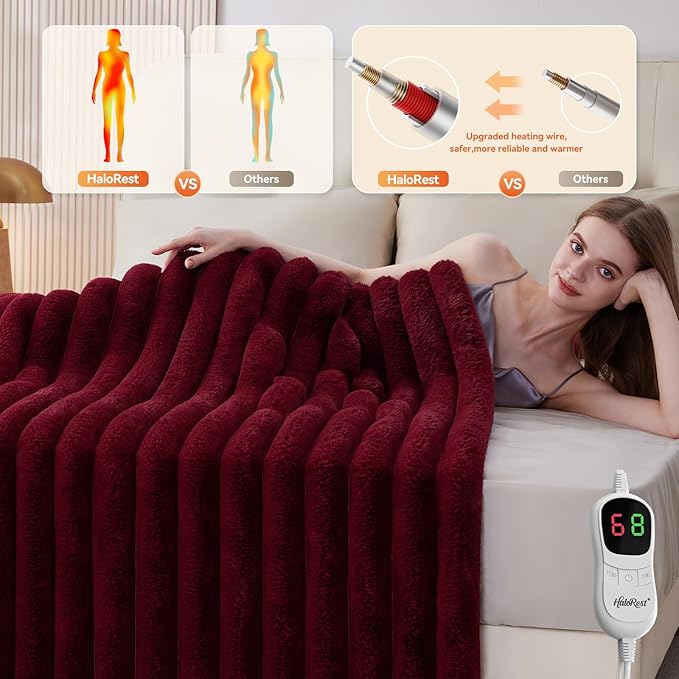 Heated Throw Blanket, Faux Fur Cozy Heating Blanket with Overheat Protection, 1/2/4/6/8 Hours Auto-Off 10 Heat Level, Machine Washable (62x84 Inches, Red)