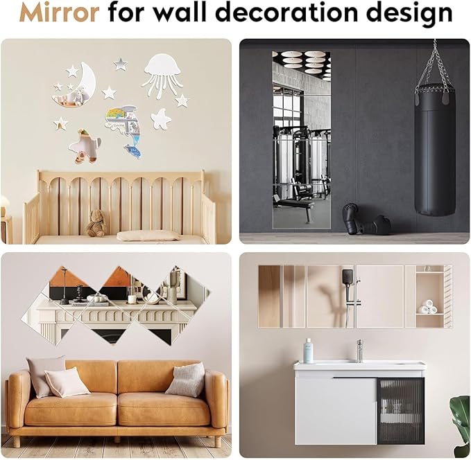 12" x 12" Acrylic Flexible Mirror Sheets, 16 Pack Self Adhesive Mirror Tiles Square Cuttable Mirror Wall Stickers, Non-Glass Plastic Mirror Stickers Safety Reflective for DIY Craft Home Wall Decor
