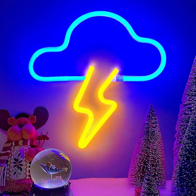 Neon Sign LED Cloud Lightning Neon Signs for Wall Decor Hanging Neon Light Battery or USB Powered Light Up Neon Lights for Bedroom Aesthetic Kids Room Living Room Bar Party Christmas Wedding Yellow