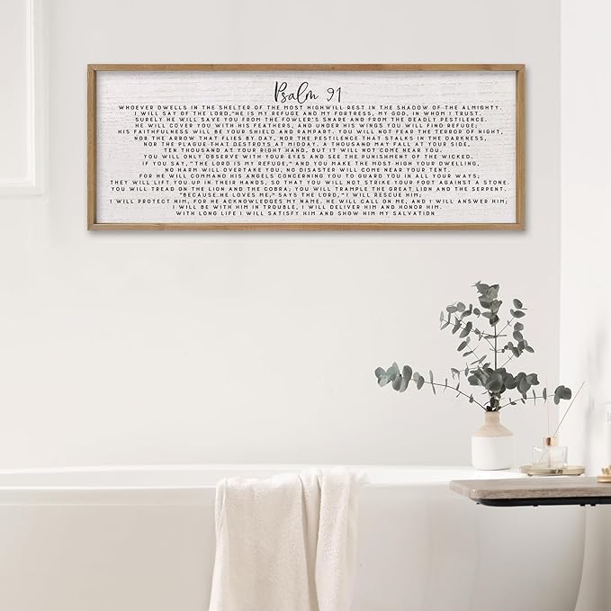 comurdyo Bible Verse Psalm 91 Wall Art Decor 32"X12" Christian Catholic Prayer Sign for Modern Simple Family Large Farmhouse Living Room Wood Framed Wall Horizontal Hanging Decor (Wood)