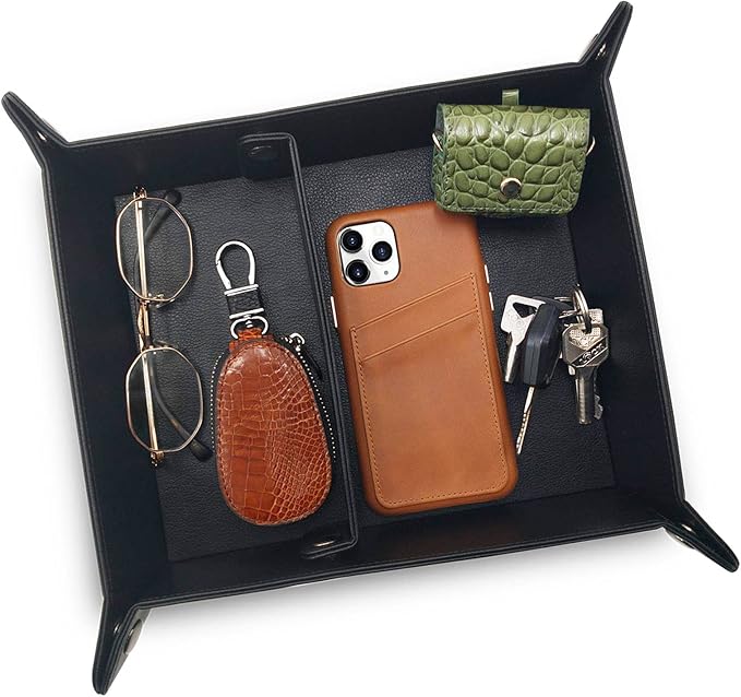 LUCKYCOIN Valet Tray Desktop Storage Organizer,Vegan Leather Jewelry Tray,Removable 2 Compartments Catchall Bedside Vanity Nightstand Caddy Holder Desk Storage Plate 12.6 in - Black
