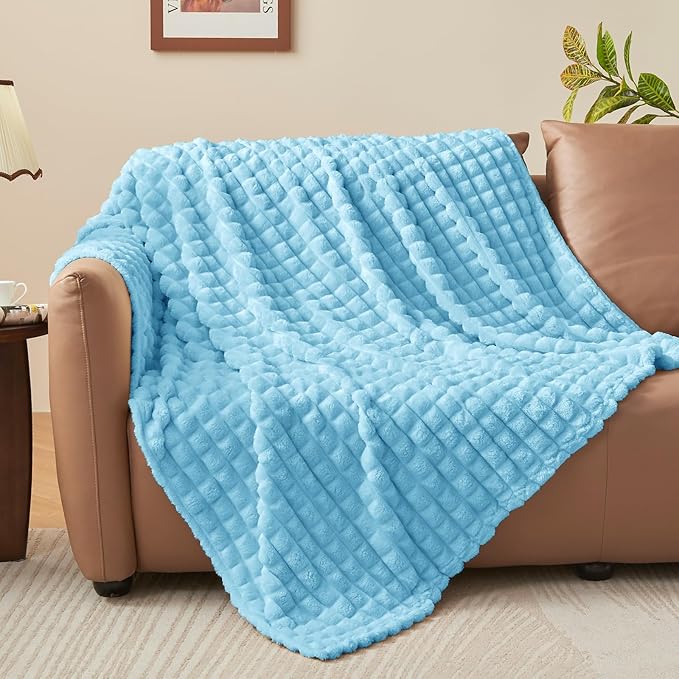 BEDELITE Light Blue Throw Blanket for Couch and Bed- Super Soft and Warm 3D Checkered Fluffy Fuzzy Fleece Blanket, Luxurious Plush Cozy Blanket for Room Decor Spring, 50x60 inches