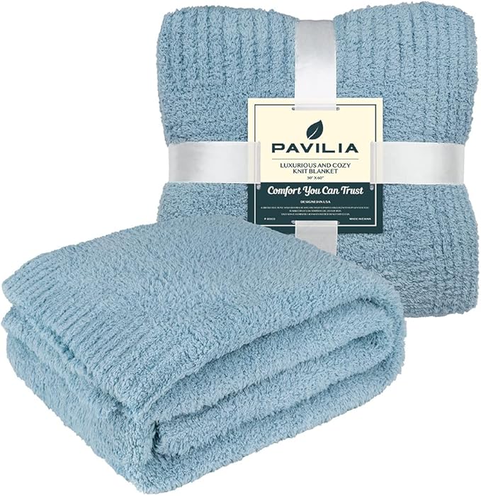 PAVILIA Super Soft Throw Blanket for Couch, Fluffy Cozy Lightweight Light Blue Blanket, Fuzzy Warm Knit Blanket for Bed Sofa, Slate Blue, 50x60
