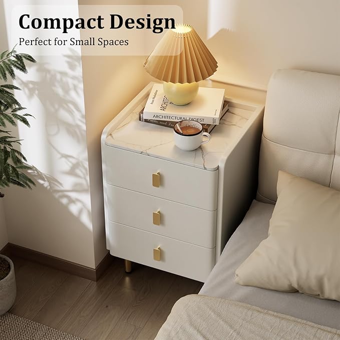AQIMUELE Narrow Nightstand with Drawers, Narrow Side Table Leather, Small Bedside Tables for Bedroom. (White)