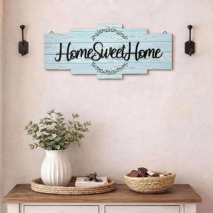 Jetec Home Sweet Home Sign, Rustic Wood Room Wall Decor, Farmhouse Plaque Wall Hanging Wooden Sign for Bedroom, Living Room, Wedding Decor(Blue)