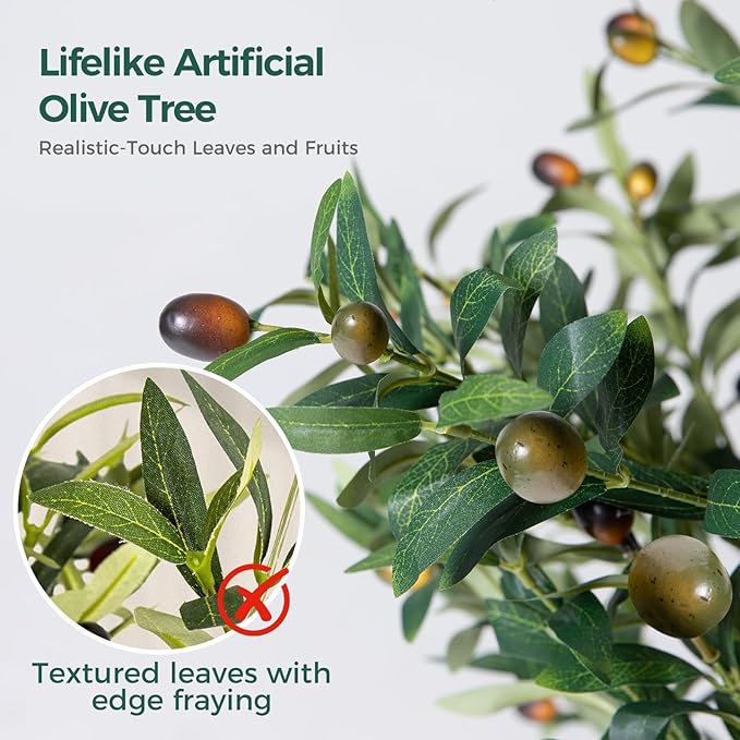 Olive Tree, 6FT Tall Faux Olive Tree with Moss and Planter, Olive Trees Artificial Indoor with Realistic Wood Trunk and Lifelike Fruits, Fake Tree for Home Office Living Room Decor