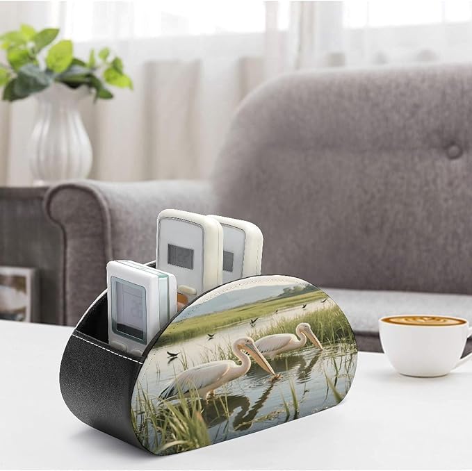 2 Pelicans Remote Control Holder Organizer Box with 5 Compartment PU Leather Bedside Storage Caddy Remote Organizer for Controller Media Player Pen/Pencil Storage