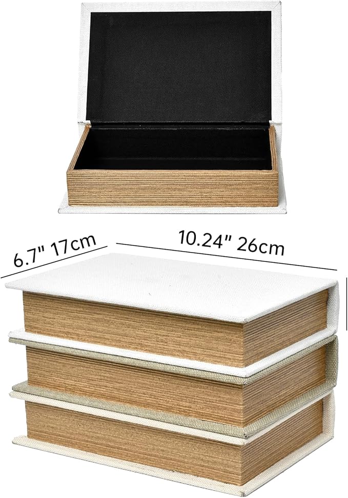 Modern Linen and Wood Decorative Faux Book Boxes Set of 3,10", Taupe,Beige,Off White