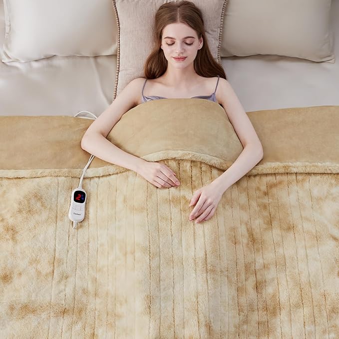 Guohaoi Heated Blanket Electric Throw, Soft Faux Rabbit Fur Electric Blanket with 10 Heating Levels 5 Sitting Timer Auto Off, Dual-Controller Heating Blankets, Machine Washable(84"×90" Beige)